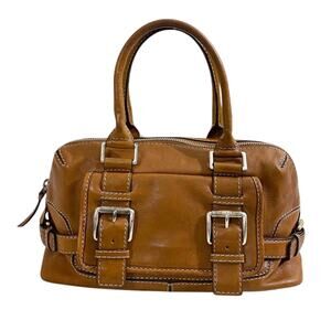 Vtg Y2K MICHAEL Michael Kors Cognac Leather Top Handle Bag Zip Top Buckle Detail